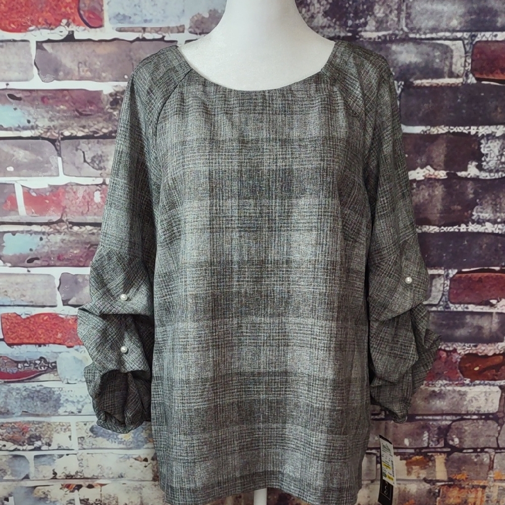 Coco Bianco Glenn Plaid Top w/ Ruffled Balloon Sleeves